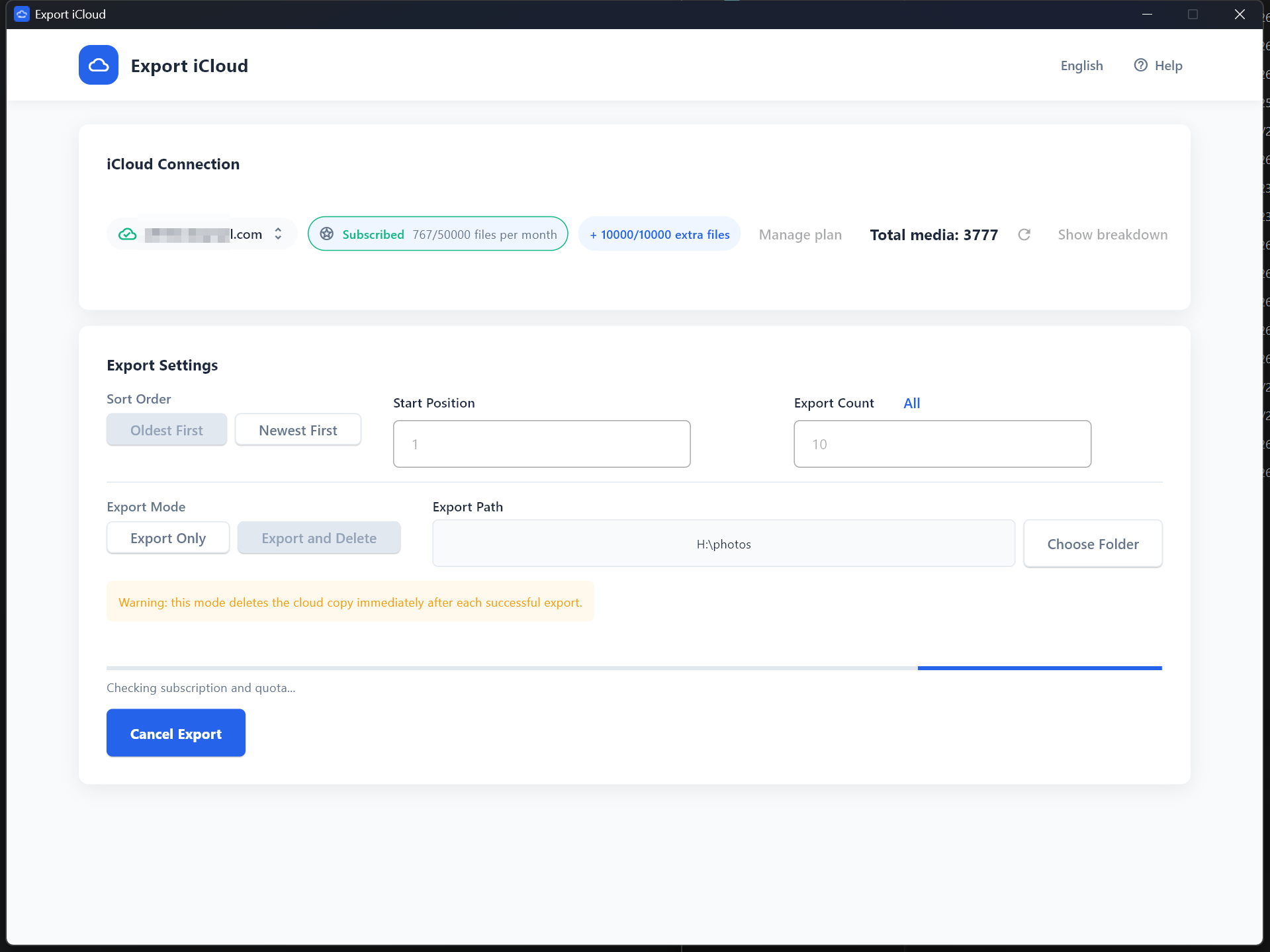 Start export screen in Export iCloud Desktop